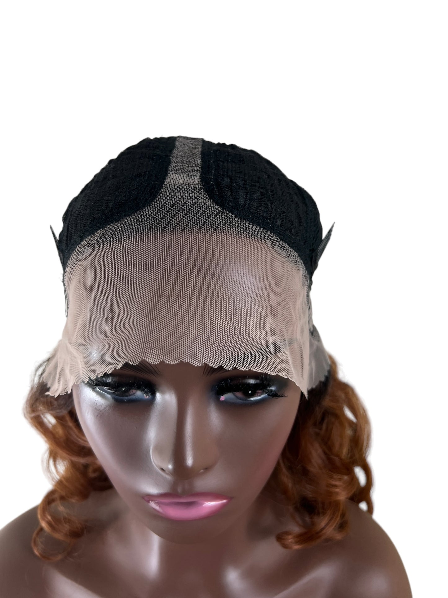 Loose curls in two tone T Part lace front in Ginger with black roots