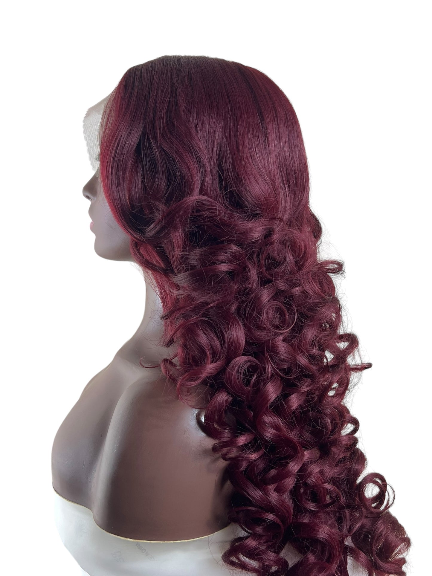 Loose curls T part lace front in Burgundy.