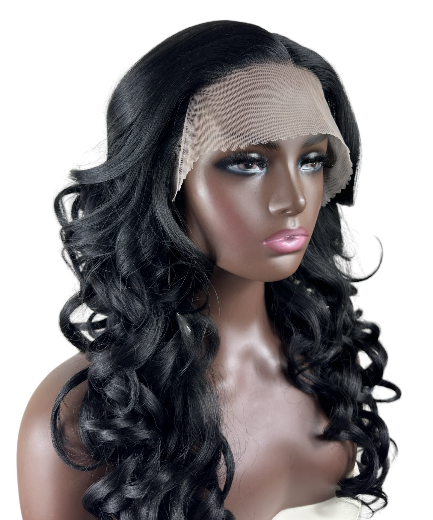 Loose curls in Black T Part lace Front Wig