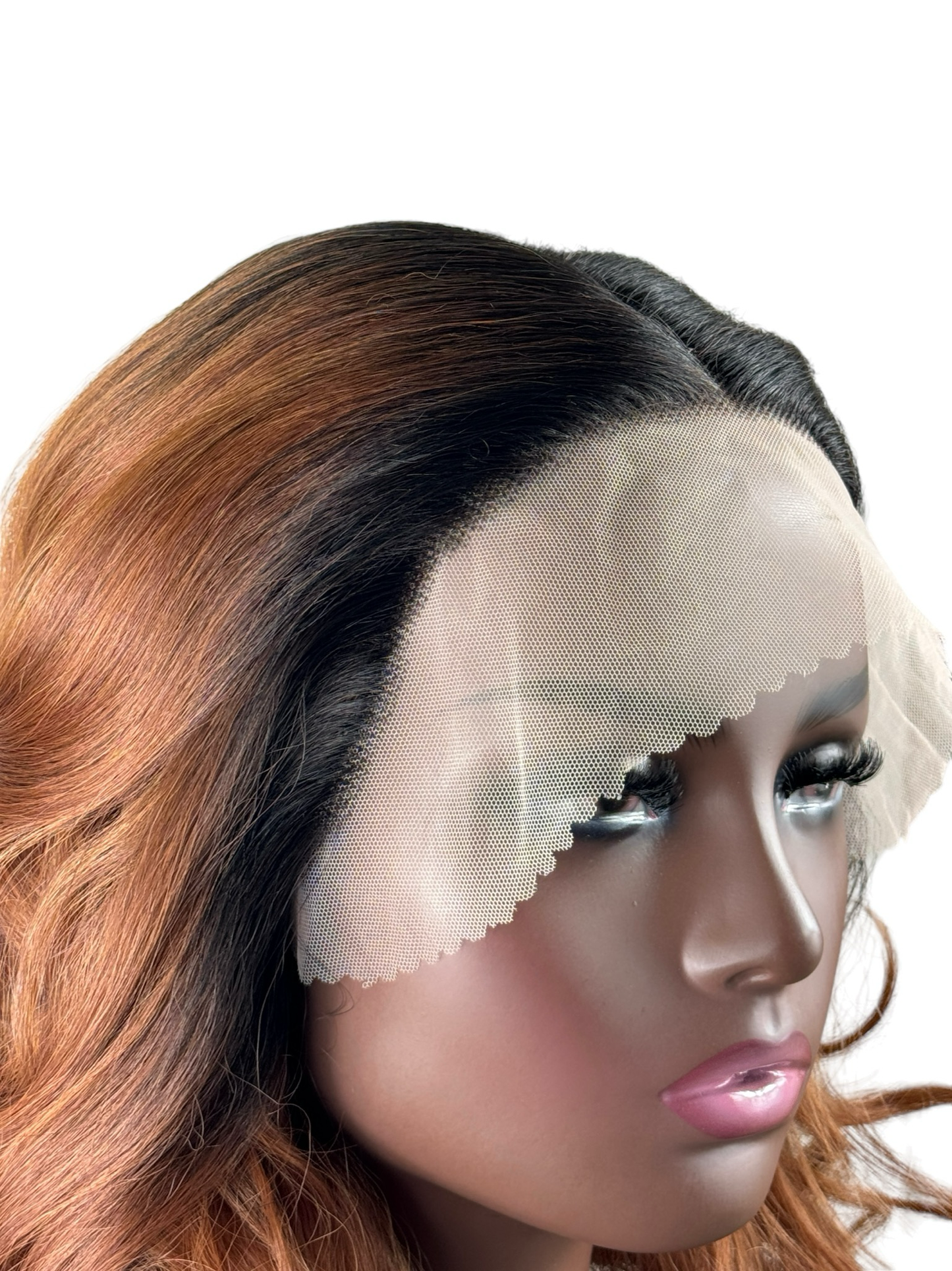 Loose curls in two tone T Part lace front in Ginger with black roots