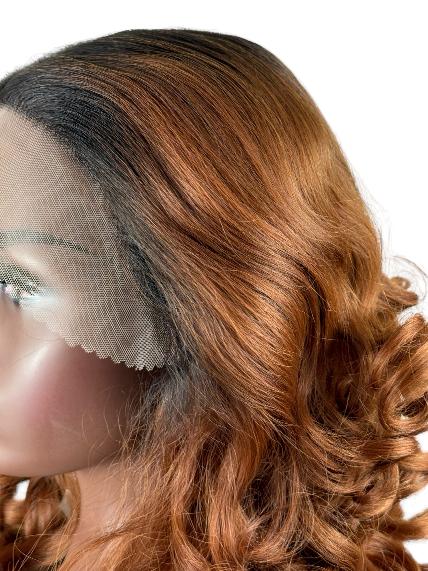 Loose curls in two tone T Part lace front in Ginger with black roots