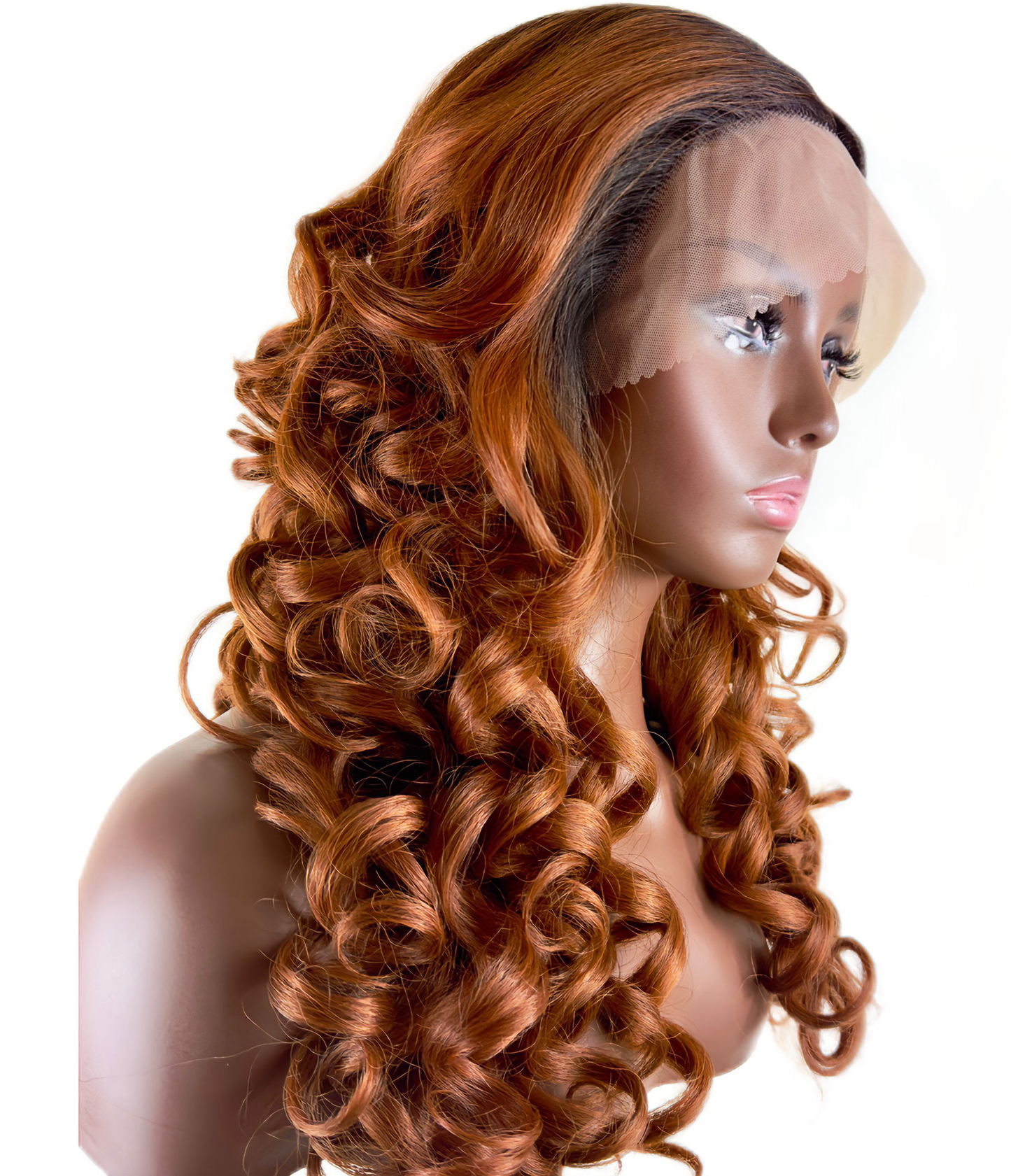 Loose curls in two tone T Part lace front in Ginger with black roots
