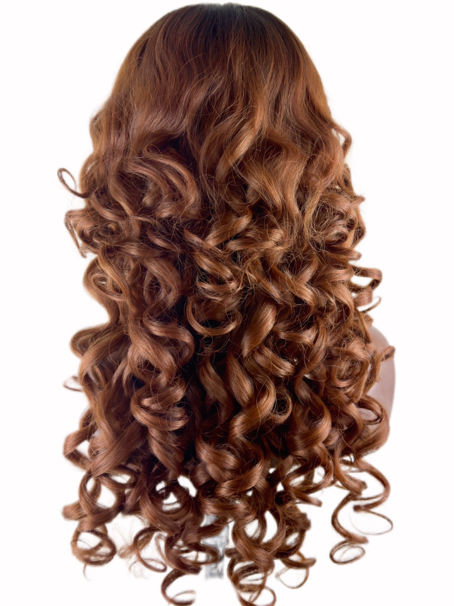 Loose curls in two tone T Part lace front in Ginger with black roots