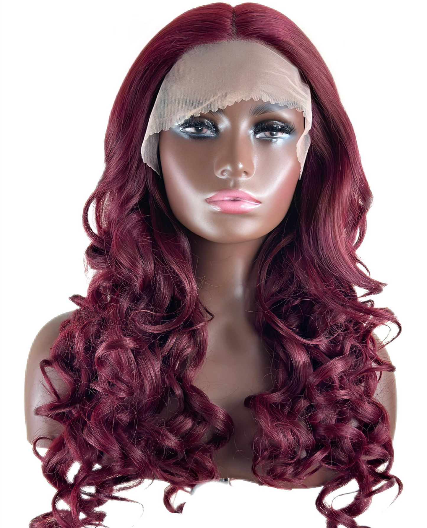 Loose curls T part lace front in Burgundy.