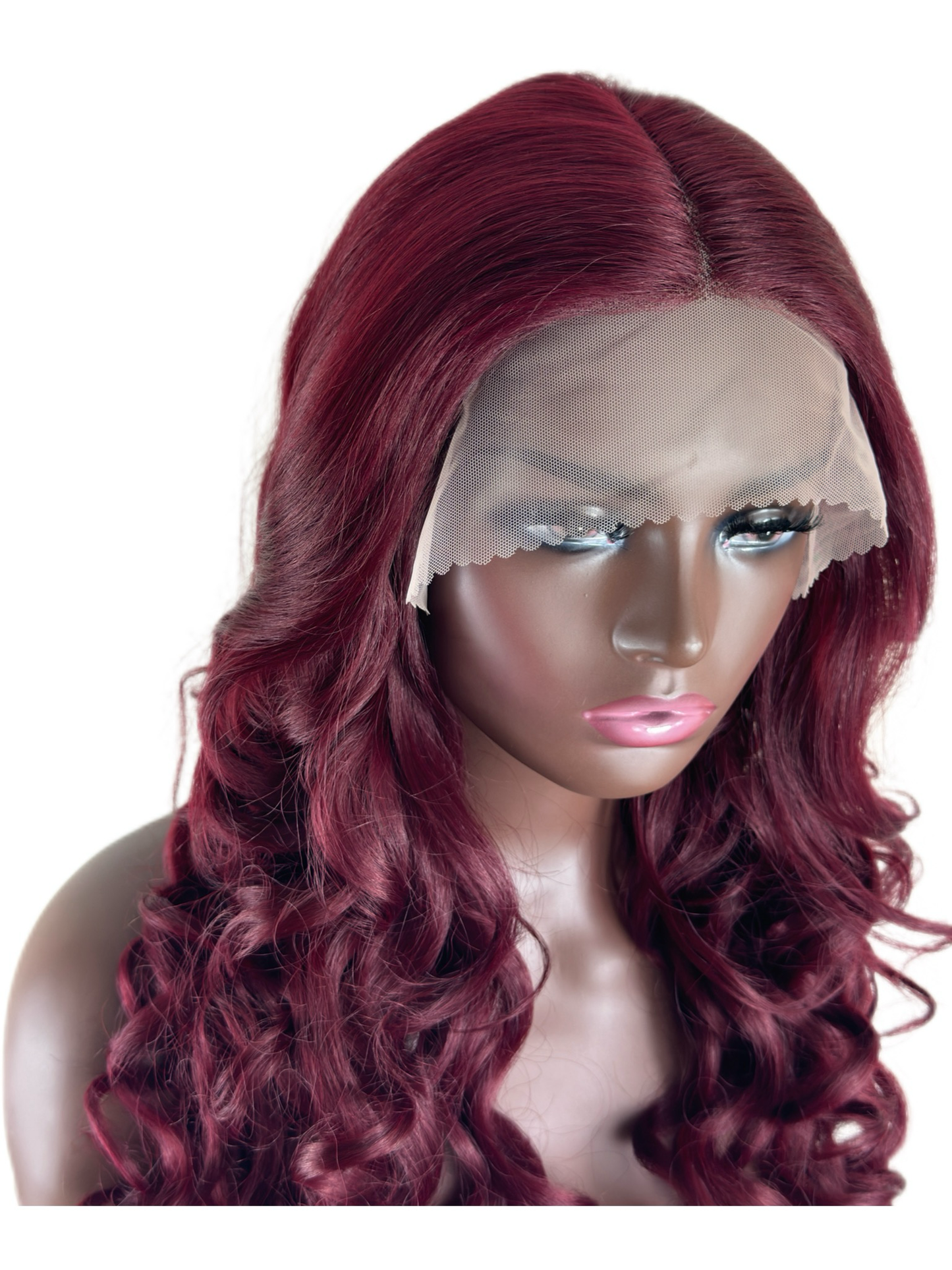 Loose curls T part lace front in Burgundy.