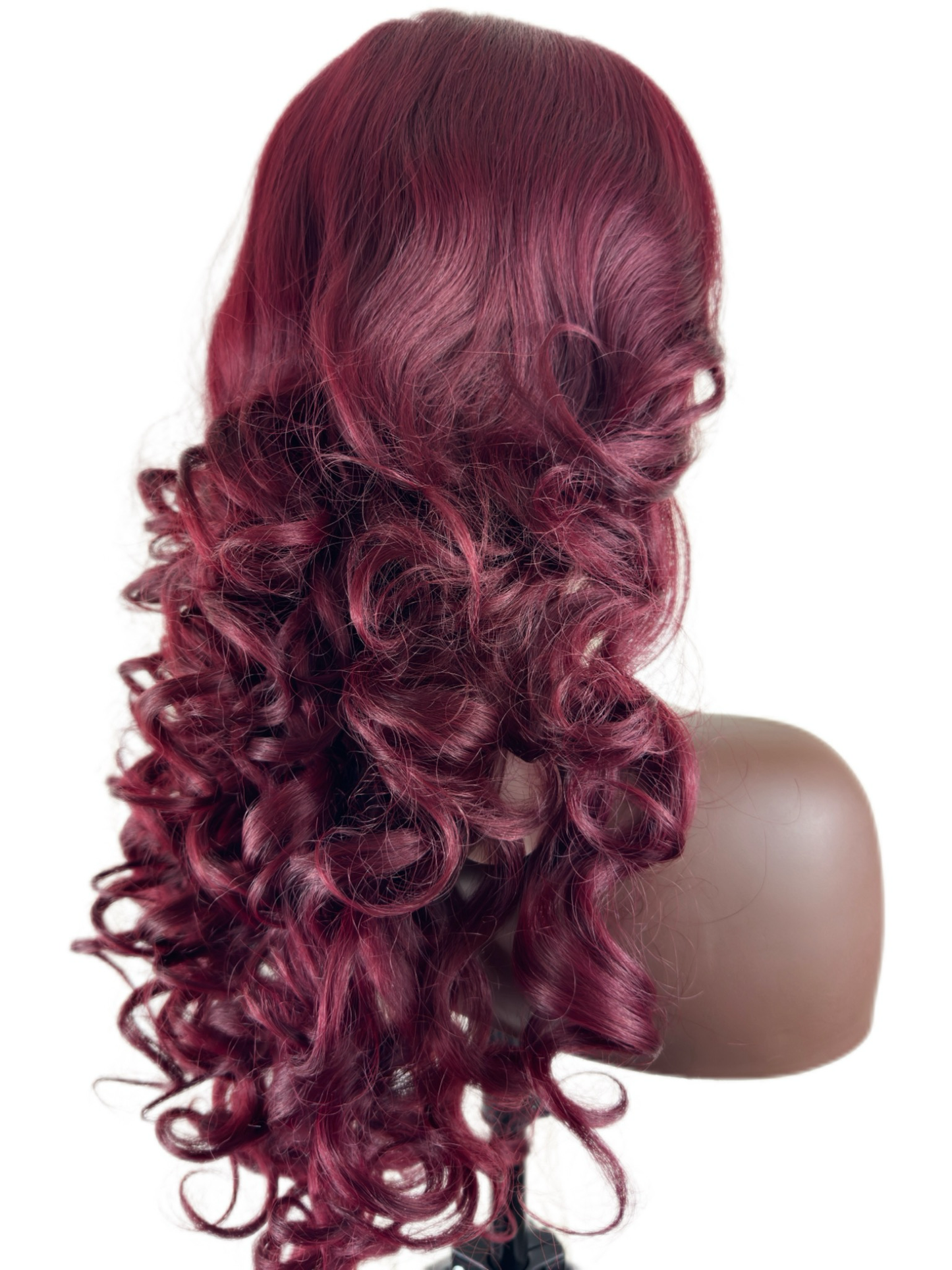 Loose curls T part lace front in Burgundy.