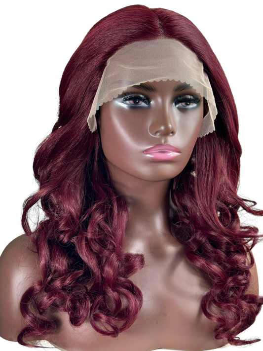 Loose curls T part lace front in Burgundy.