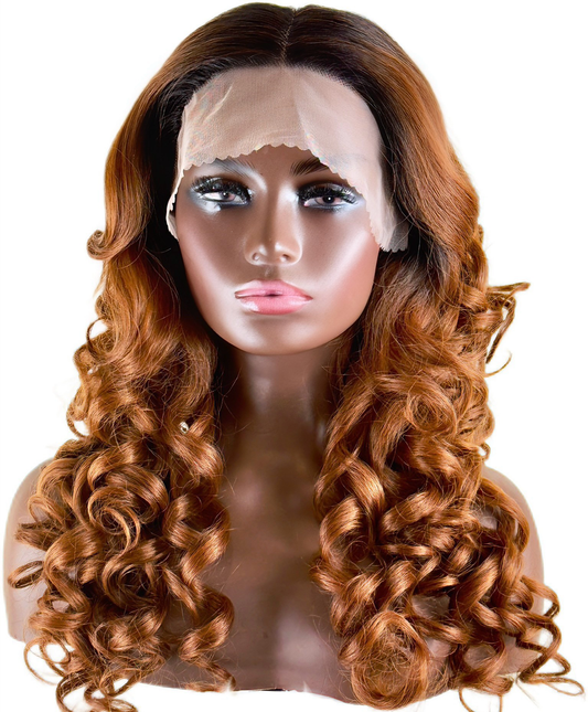 Loose curls in two tone T Part lace front in Ginger with black roots
