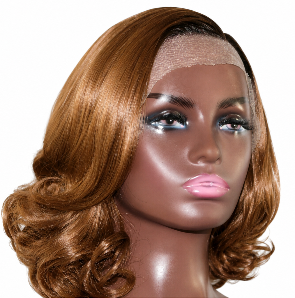 A medium brown lace front wig with soft waves and curled ends, displayed on a mannequin head against a plain white background.