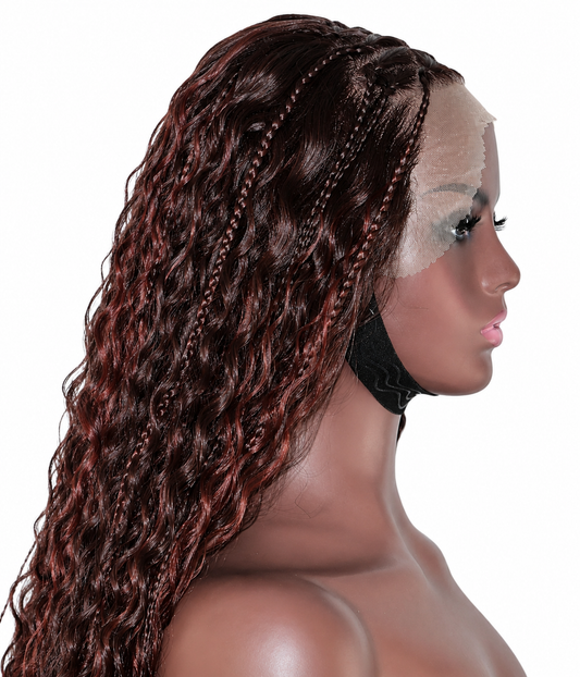 Rich Auburn Brown Blend  Braided Goddess Wave Lace Wig – 13x4 Lace Frontal