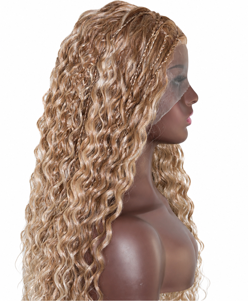 Long, wavy blonde wig with deep curls displayed on a mannequin head against a plain white background.