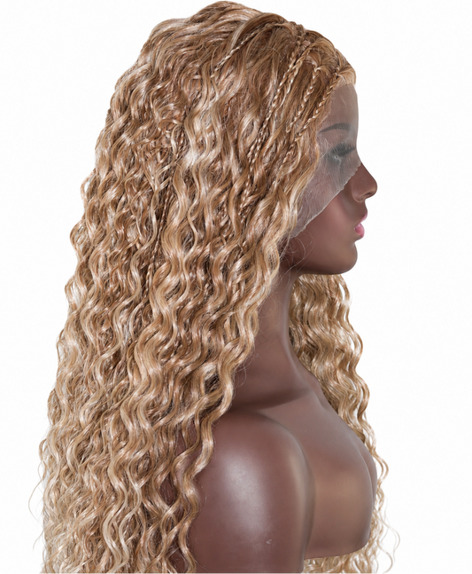 Long, wavy blonde wig with deep curls displayed on a mannequin head against a plain white background.
