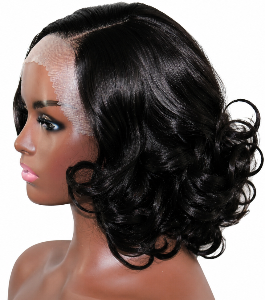 A black wavy wig with a realistic part, displayed on a mannequin head against a plain white background.